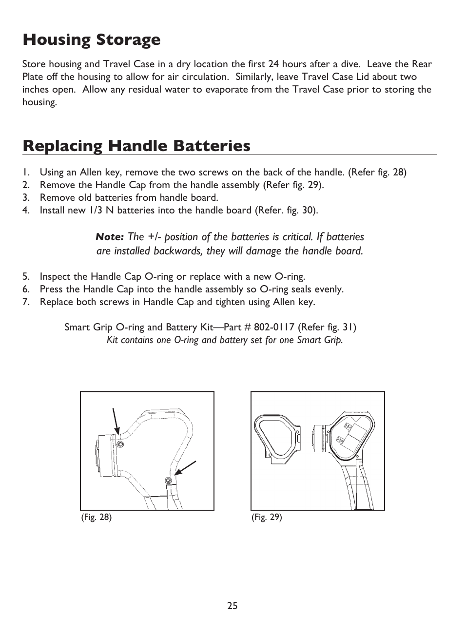 Housing storage, Replacing handle batteries | Light & Motion BLUEFIN HC7 User Manual | Page 27 / 32