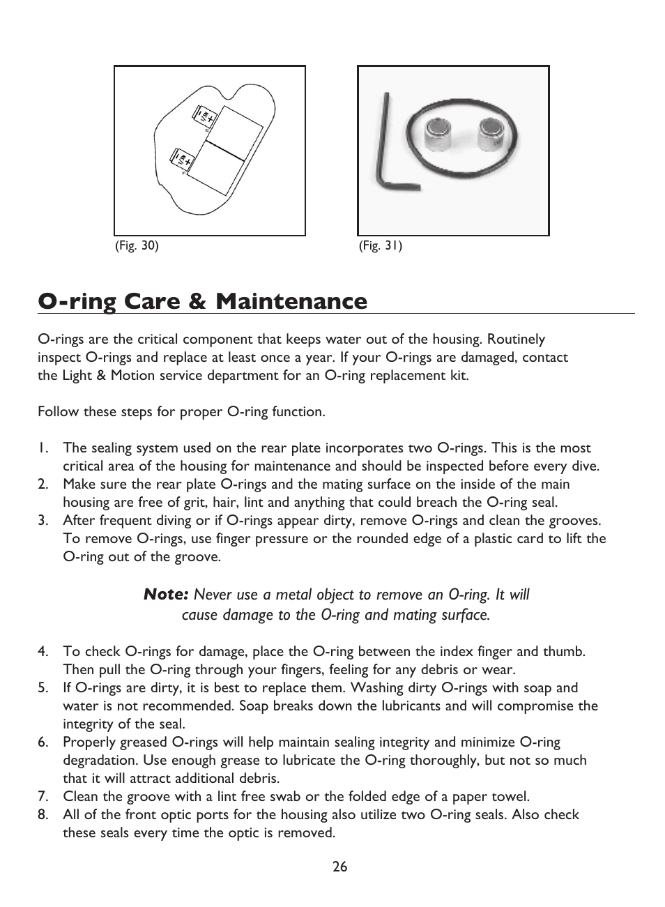 O-ring care & maintenance | Light & Motion BLUEFIN HC7 User Manual | Page 28 / 32