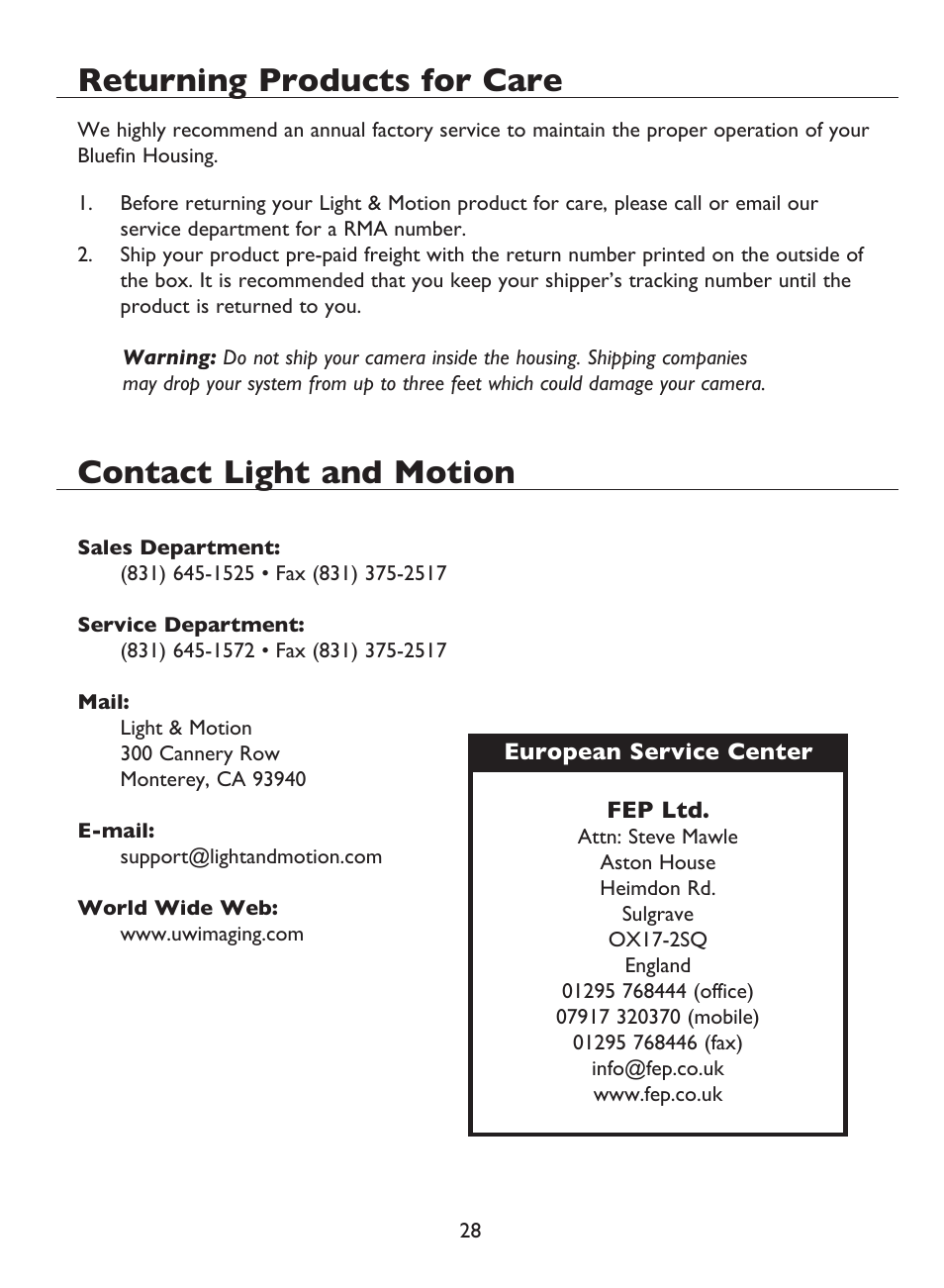 Returning products for care, Contact light and motion | Light & Motion BLUEFIN HC7 User Manual | Page 30 / 32
