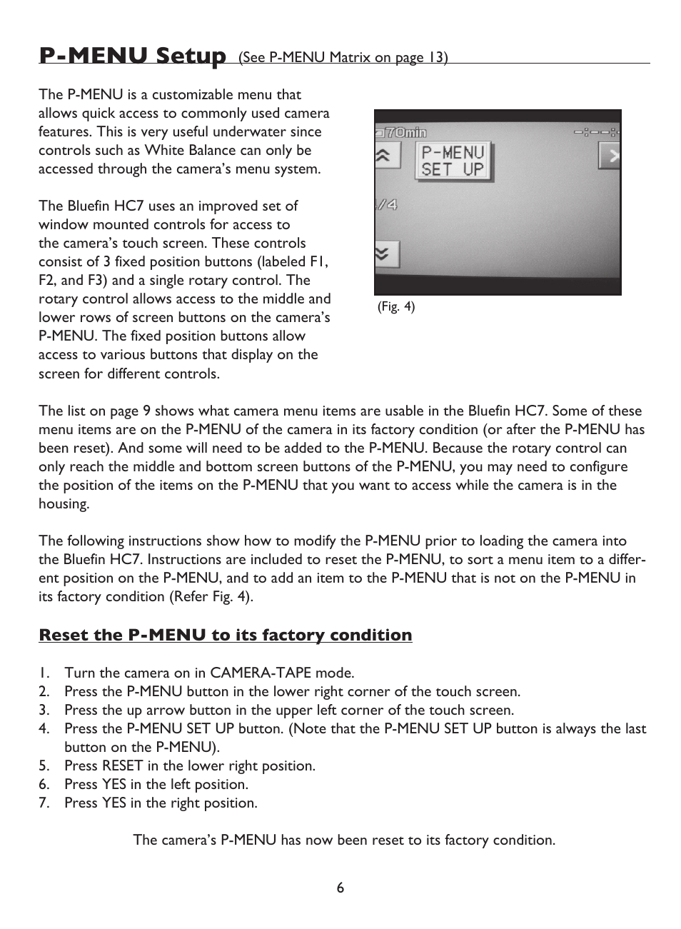 P-menu setup | Light & Motion BLUEFIN HC7 User Manual | Page 8 / 32