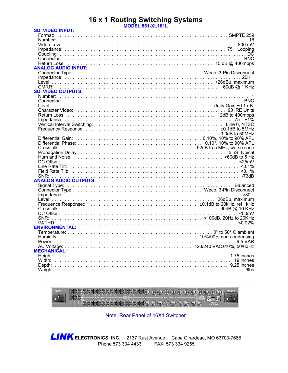 Link, 16 x 1 routing switching systems | Link electronic 861-XL161L User Manual | Page 2 / 2
