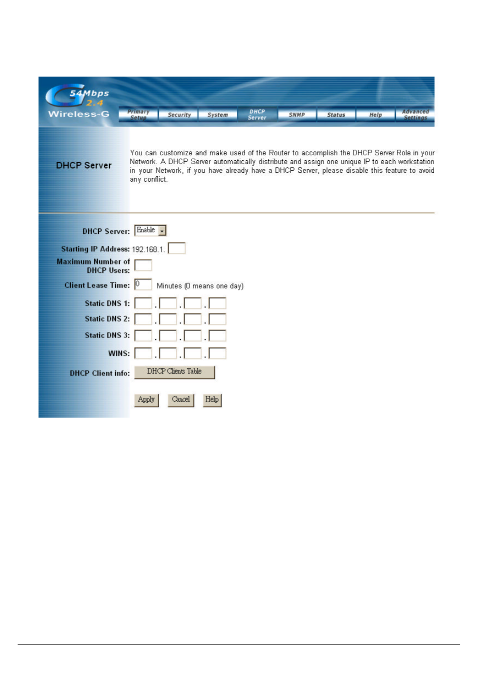 Dhcp server | Link electronic Wireless 802.11g AP Router User Manual | Page 18 / 34