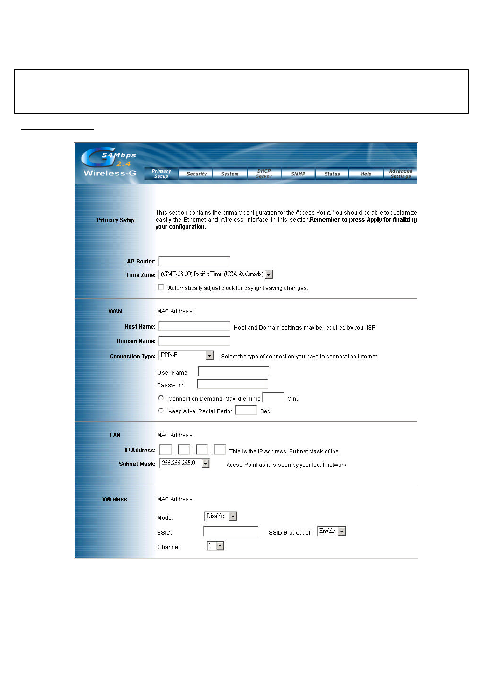 Primary setup | Link electronic Wireless 802.11g AP Router User Manual | Page 8 / 34