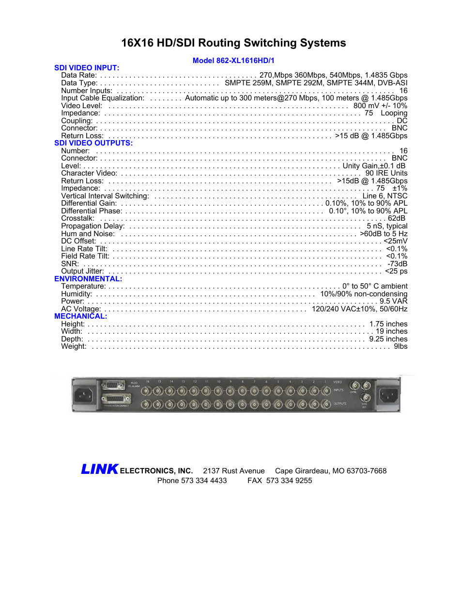 Link, 16x16 hd/sdi routing switching systems | Link electronic 862-XL1616HD/1 User Manual | Page 2 / 2