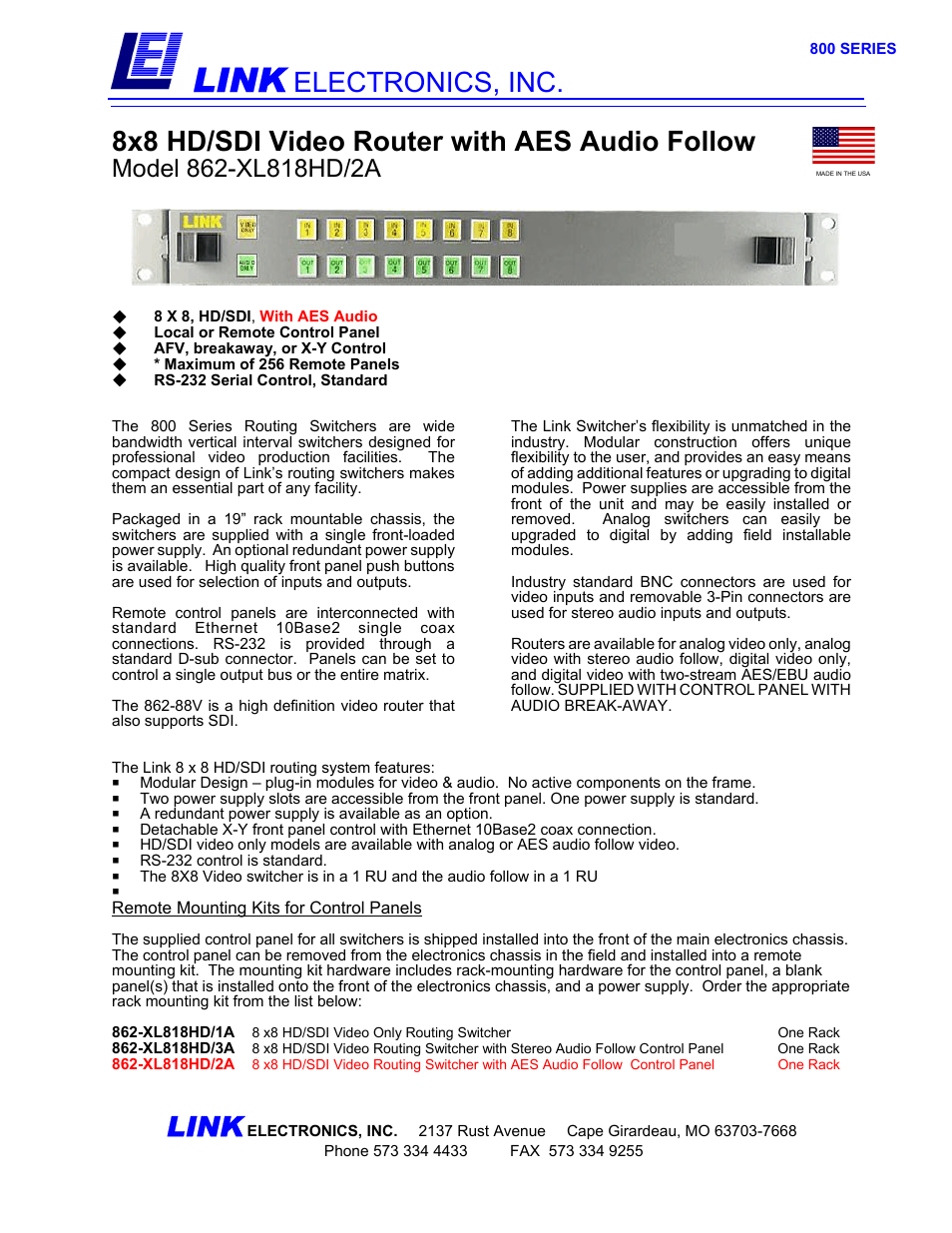 Link electronic 862-XL818HD/2A User Manual | 2 pages