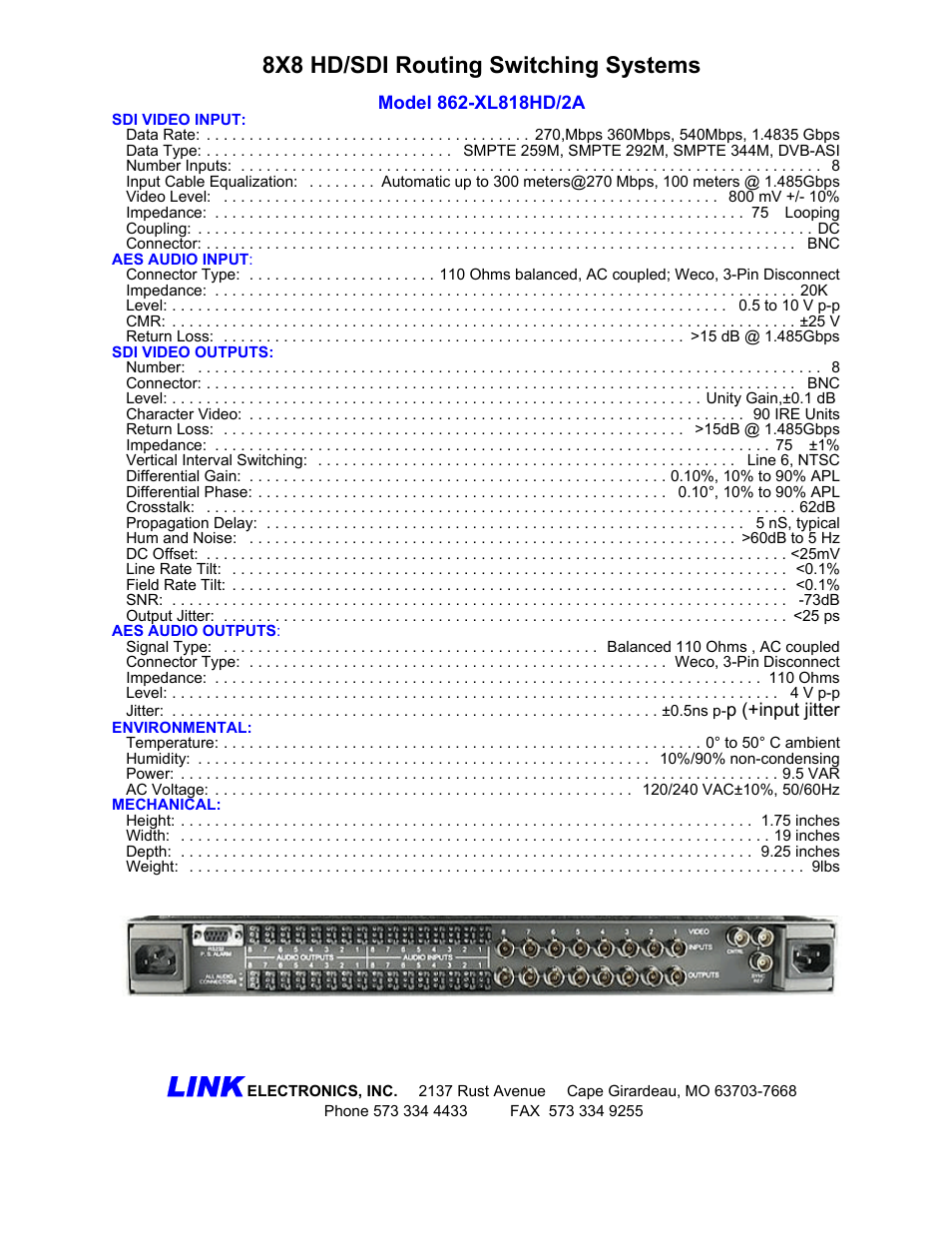 Link, 8x8 hd/sdi routing switching systems | Link electronic 862-XL818HD/2A User Manual | Page 2 / 2
