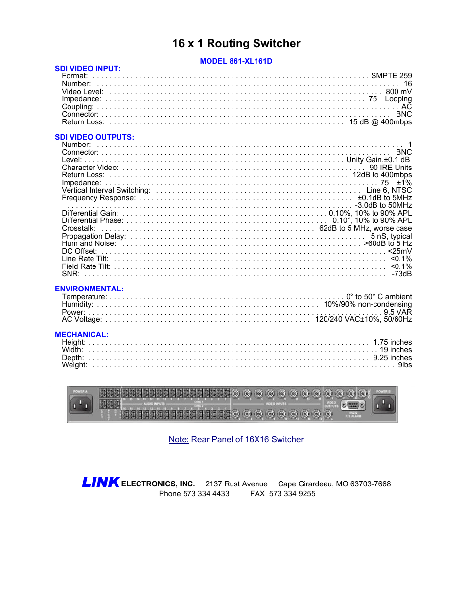 Link, 16 x 1 routing switcher | Link electronic 861-XL161D User Manual | Page 2 / 2