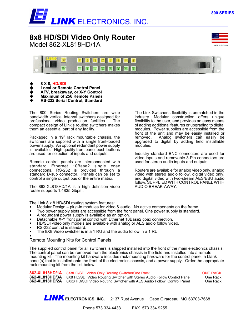 Link electronic 8x8 HD/SDI User Manual | 2 pages