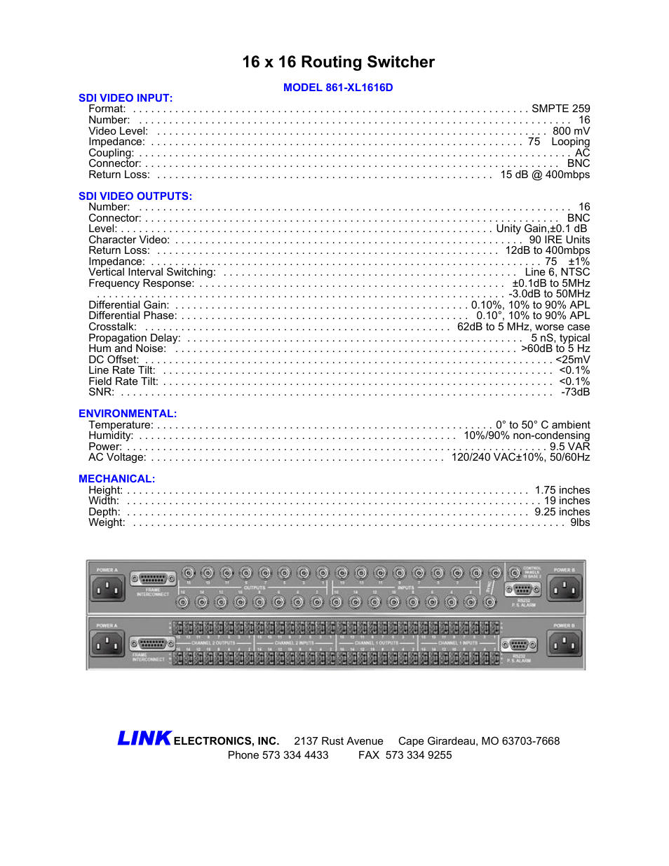 Link, 16 x 16 routing switcher | Link electronic 861-XL1616D User Manual | Page 2 / 2