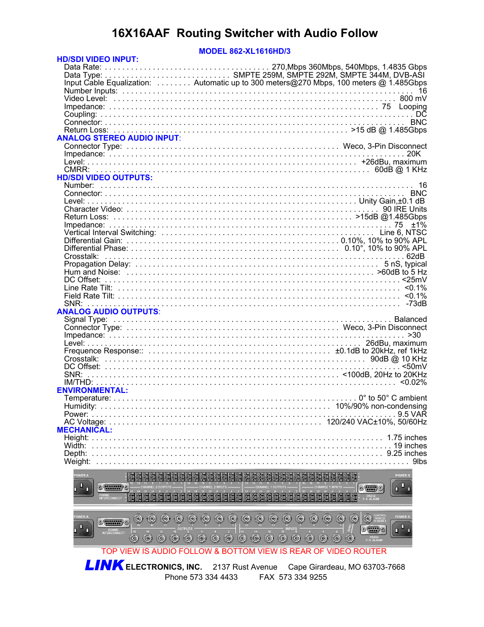 Link, 16x16aaf routing switcher with audio follow | Link electronic 862-XL1616HD/3 User Manual | Page 2 / 2