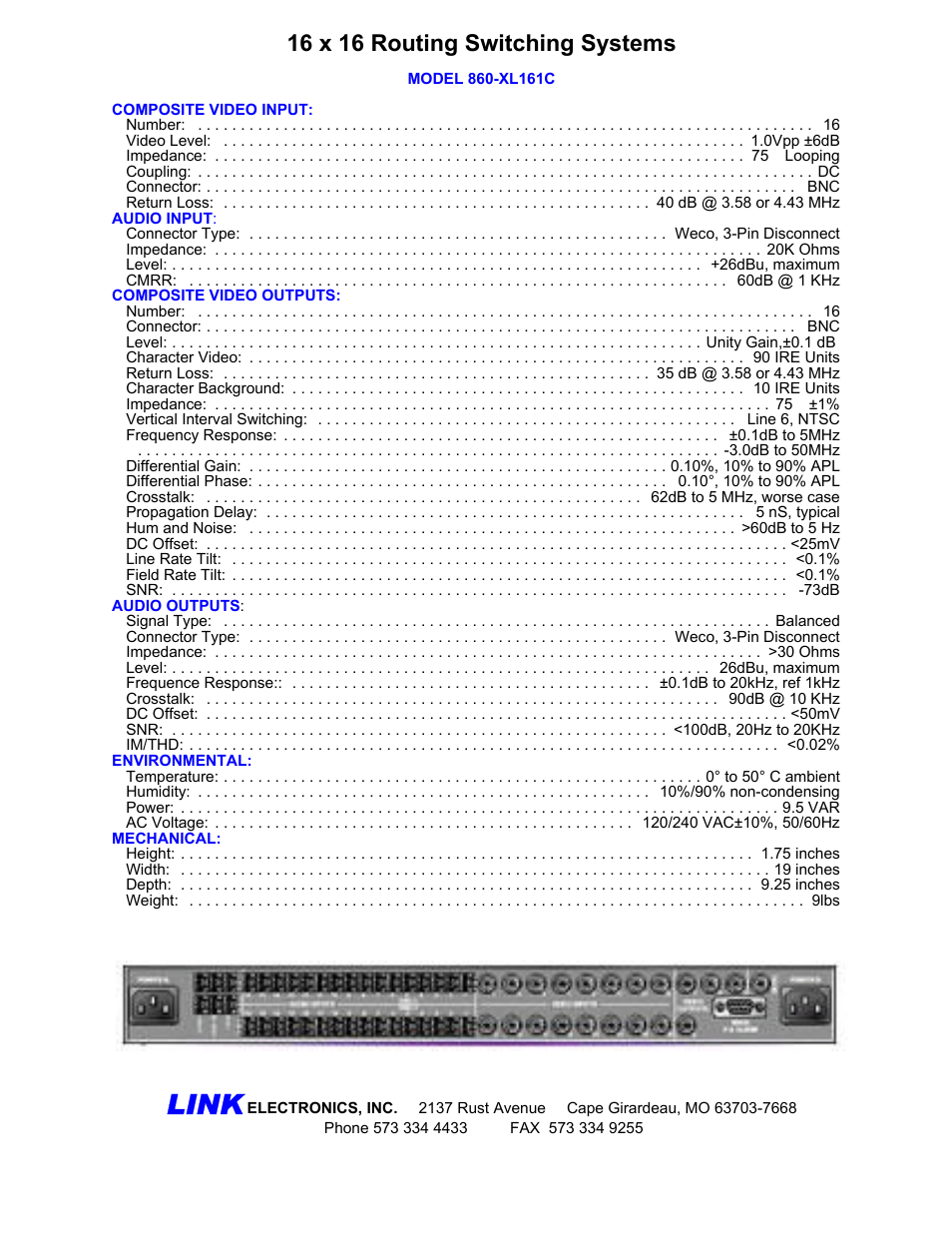 Link, 16 x 16 routing switching systems | Link electronic 860-XL161C User Manual | Page 2 / 2