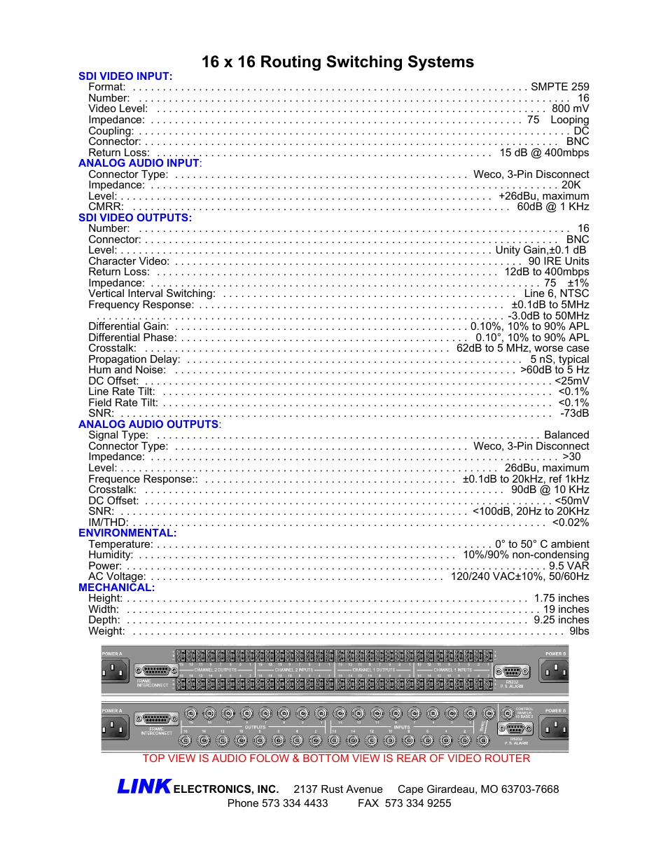 Link, 16 x 16 routing switching systems | Link electronic 861-XL1616G User Manual | Page 2 / 2