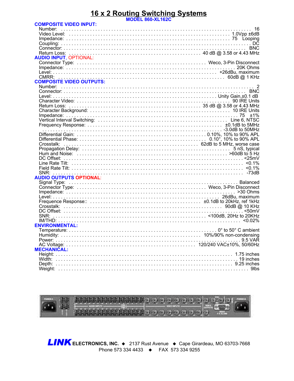 Link, 16 x 2 routing switching systems | Link electronic 860-XL162C User Manual | Page 2 / 2