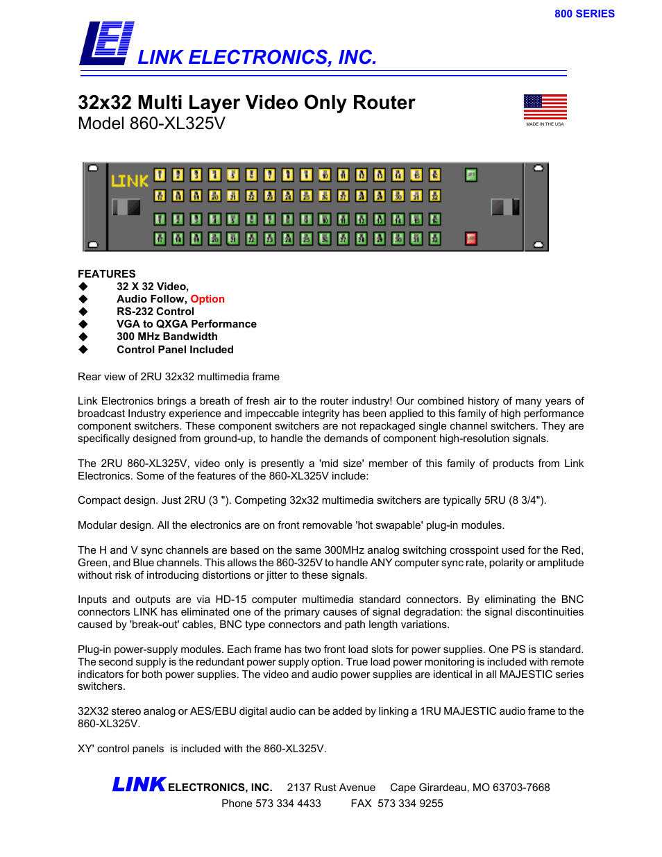 Link electronic 860-XL325V User Manual | 2 pages