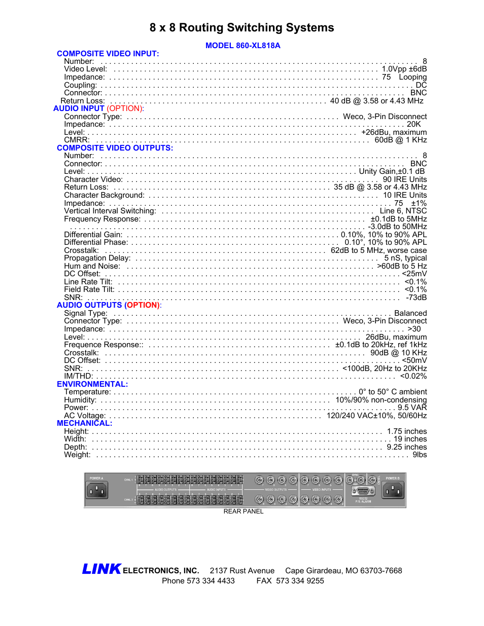 Link, 8 x 8 routing switching systems | Link electronic 860-XL818A User Manual | Page 2 / 2