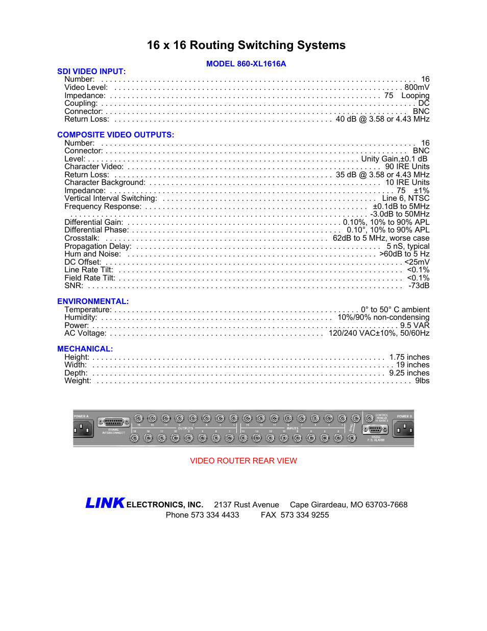 Link, 16 x 16 routing switching systems | Link electronic 860-XL1616A User Manual | Page 2 / 2