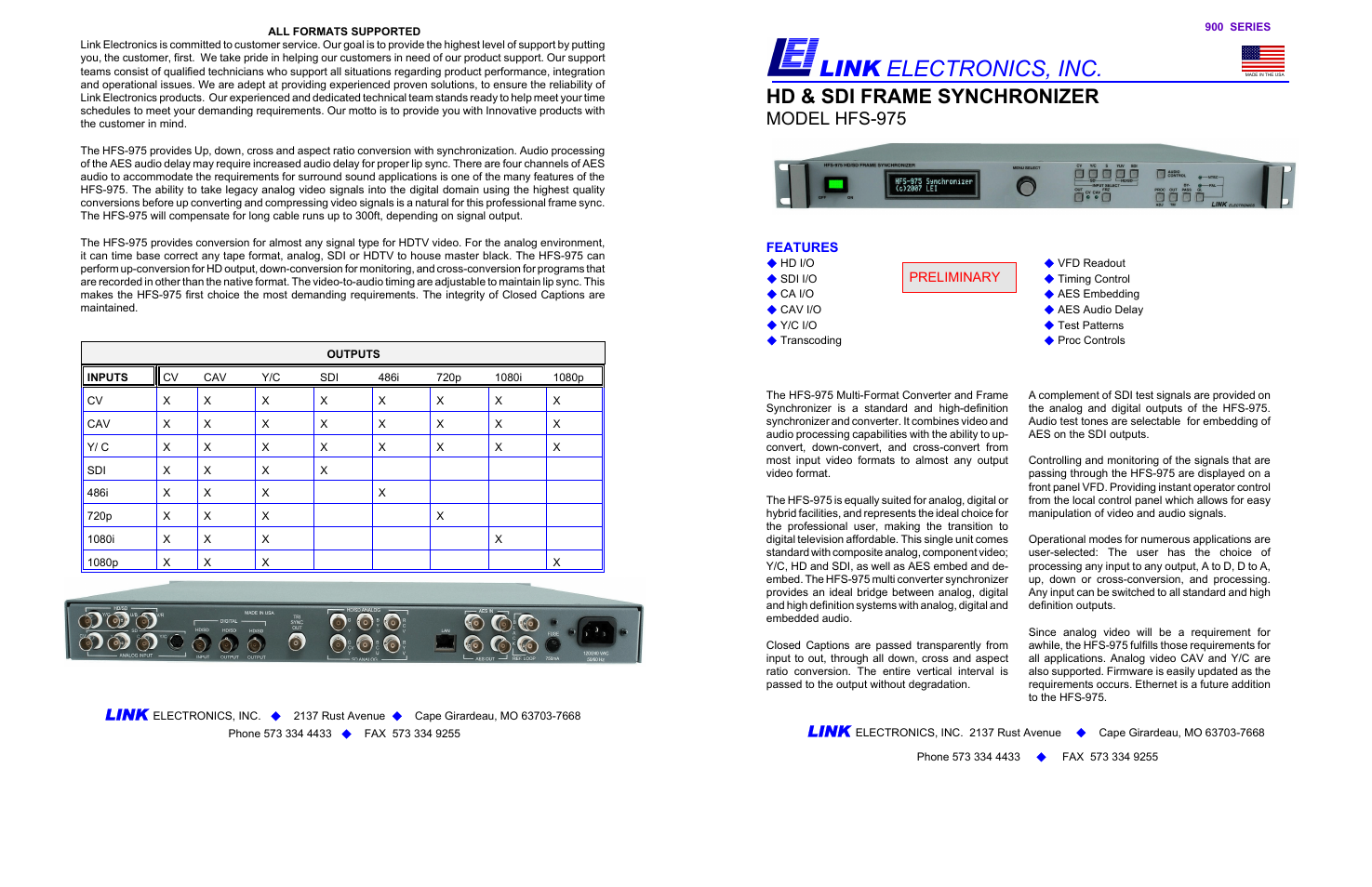 Link electronic HD & SDI Frame Synchronizer HFS-975 User Manual | 2 pages