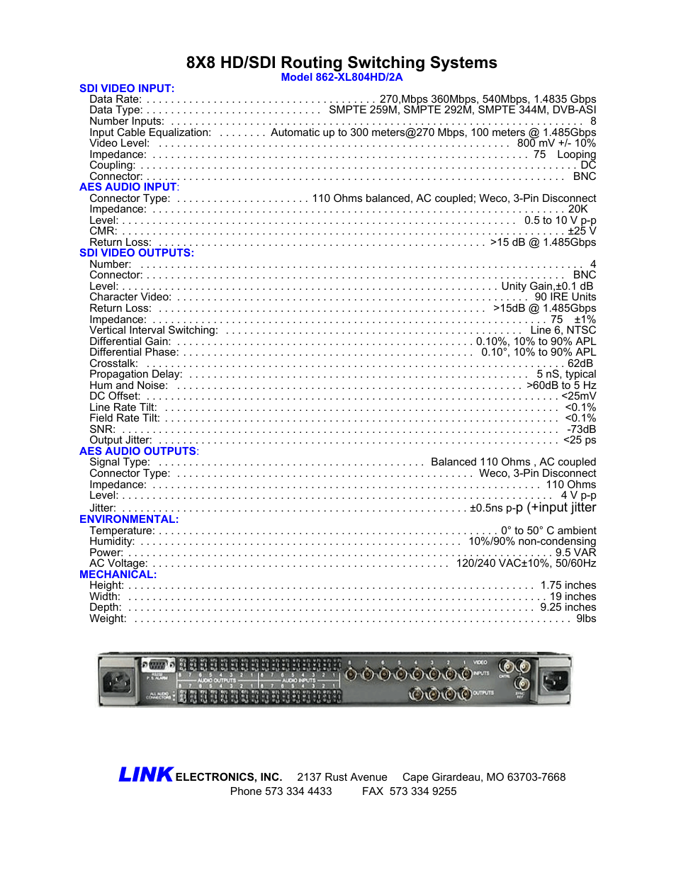 Link, 8x8 hd/sdi routing switching systems | Link electronic 862-XL804HD/2A User Manual | Page 2 / 2