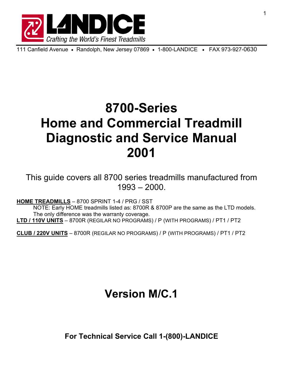 Landice 8700 User Manual | 85 pages