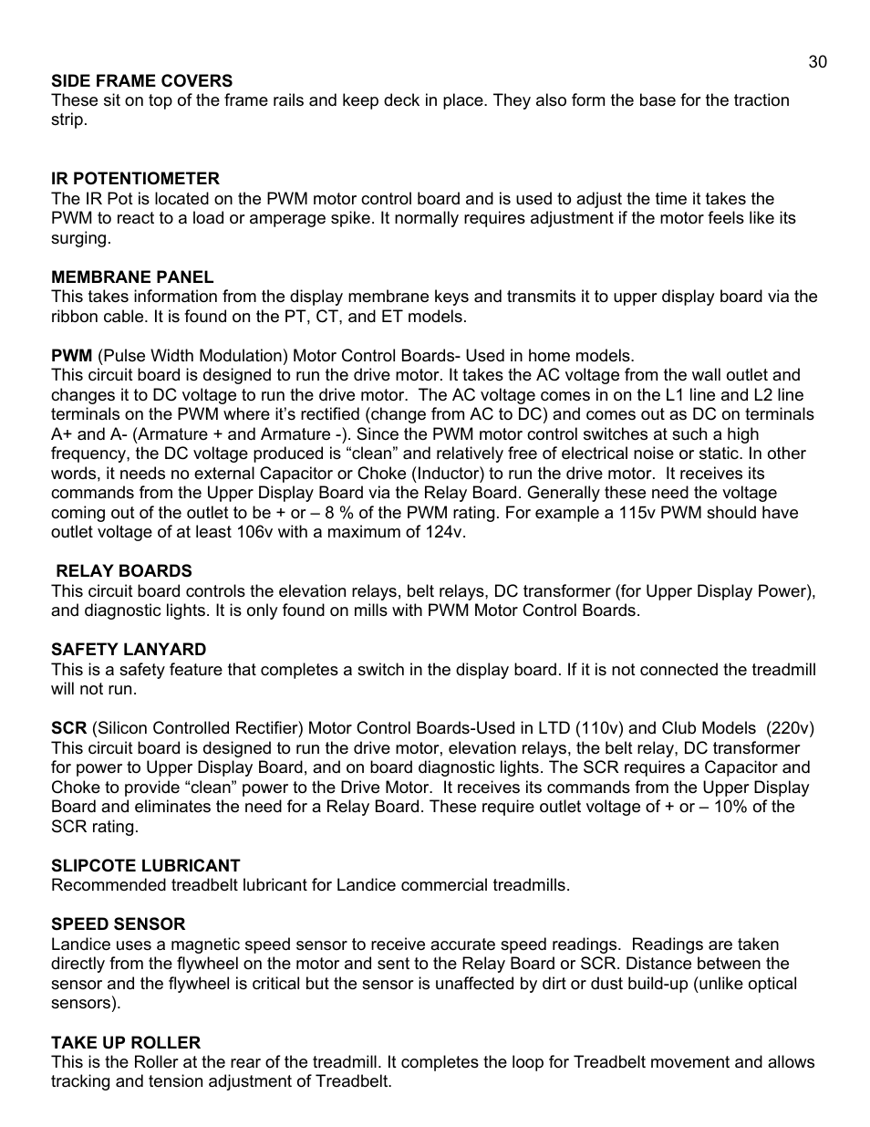 Side frame covers, Ir potentiometer, Membrane panel | Relay boards, Slipcote lubricant, Speed sensor, Take up roller | Landice 8700 User Manual | Page 30 / 85