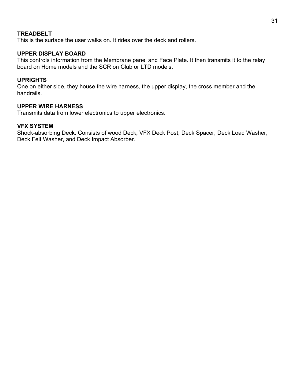 Treadbelt, Upper display board, Uprights | Upper wire harness, Vfx system | Landice 8700 User Manual | Page 31 / 85