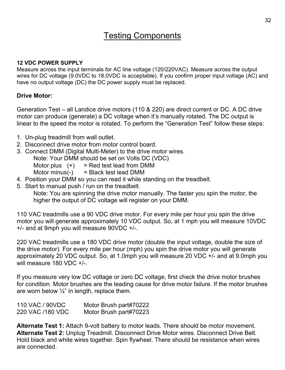 Testing components, 12 vdc power supply | Landice 8700 User Manual | Page 32 / 85