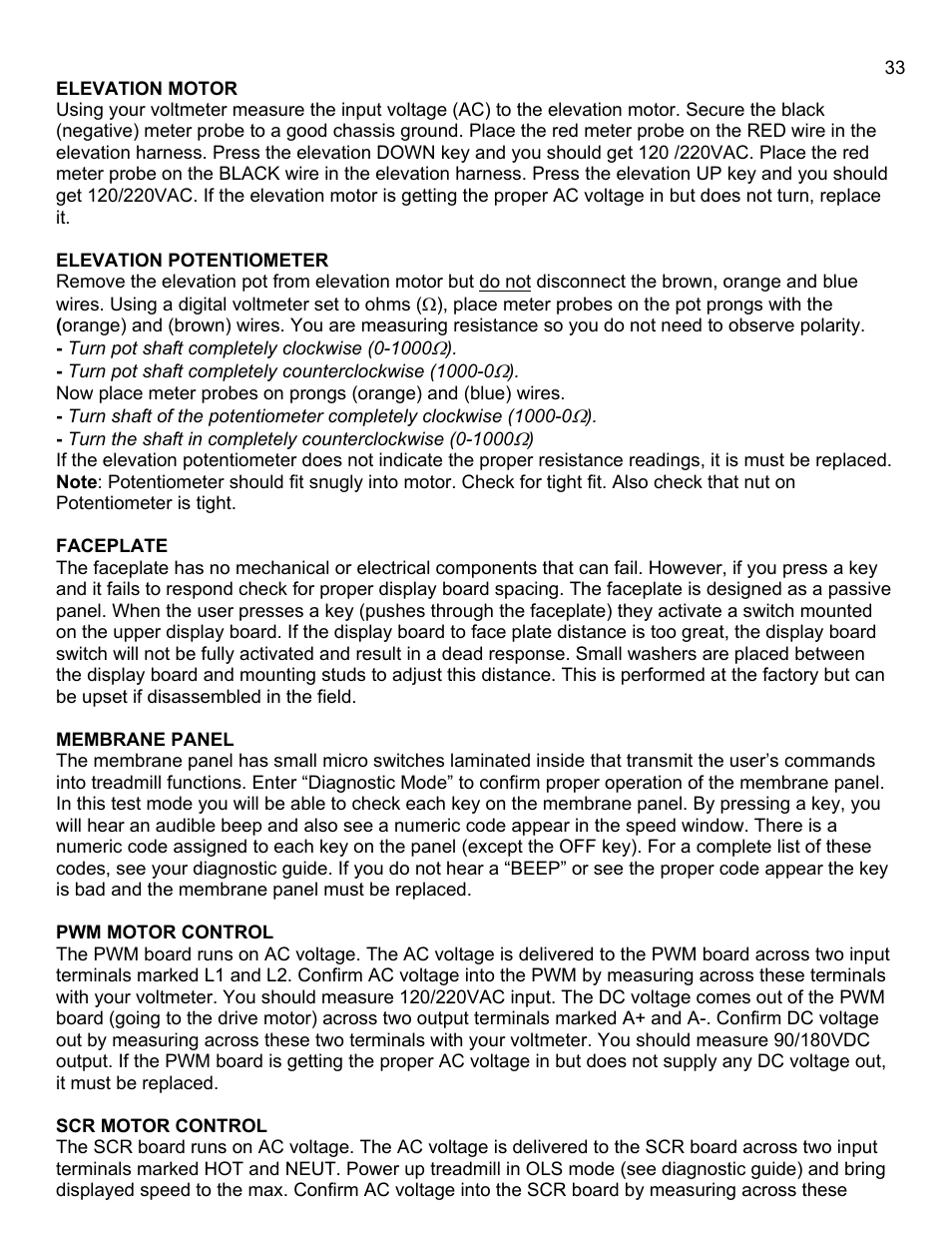 Elevation motor, Elevation potentiometer, Faceplate | Membrane panel, Pwm motor control, Scr motor control | Landice 8700 User Manual | Page 33 / 85