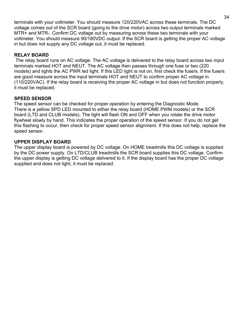 Relay board, Speed sensor, Upper display board | Landice 8700 User Manual | Page 34 / 85