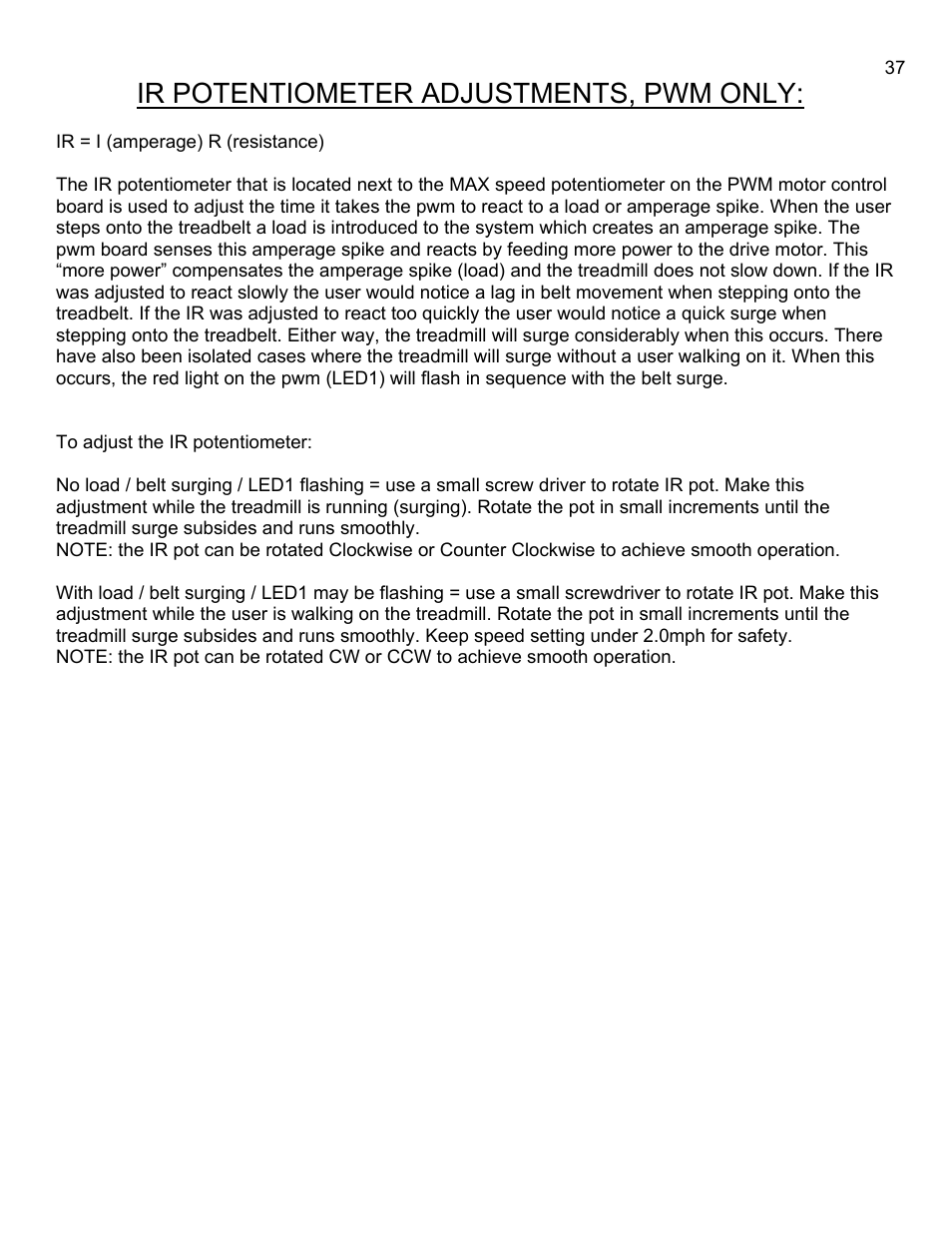 Ir = i (amperage) r (resistance), Ir potentiometer adjustments, pwm only | Landice 8700 User Manual | Page 37 / 85