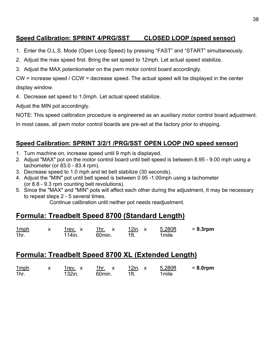 Formula: treadbelt speed 8700 (standard length), Formula: treadbelt speed 8700 xl (extended length) | Landice 8700 User Manual | Page 38 / 85