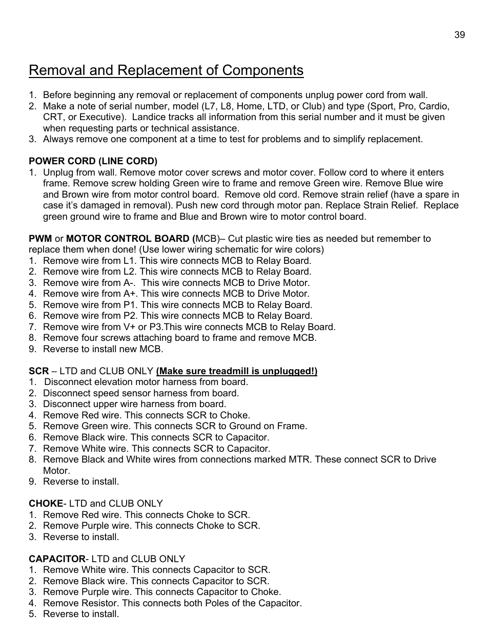 Removal and replacement of components | Landice 8700 User Manual | Page 39 / 85