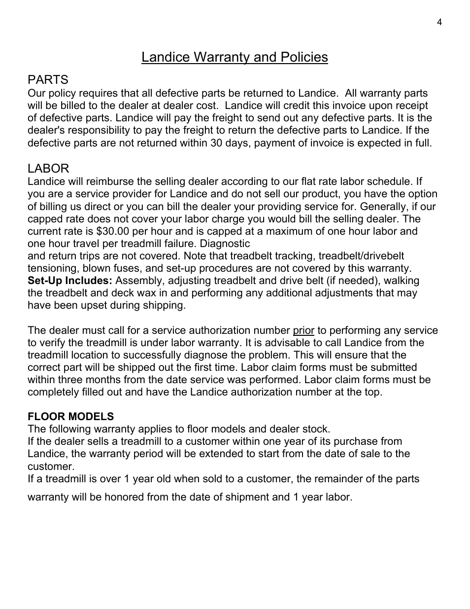 Parts, Labor, Landice warranty and policies | Landice 8700 User Manual | Page 4 / 85