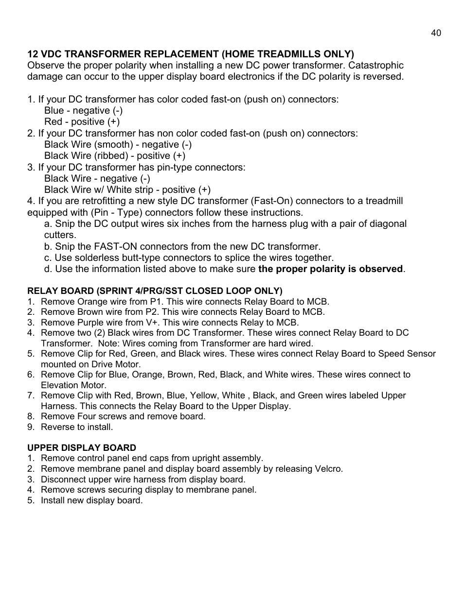 Relay board (sprint 4/prg/sst closed loop only), Upper display board | Landice 8700 User Manual | Page 40 / 85