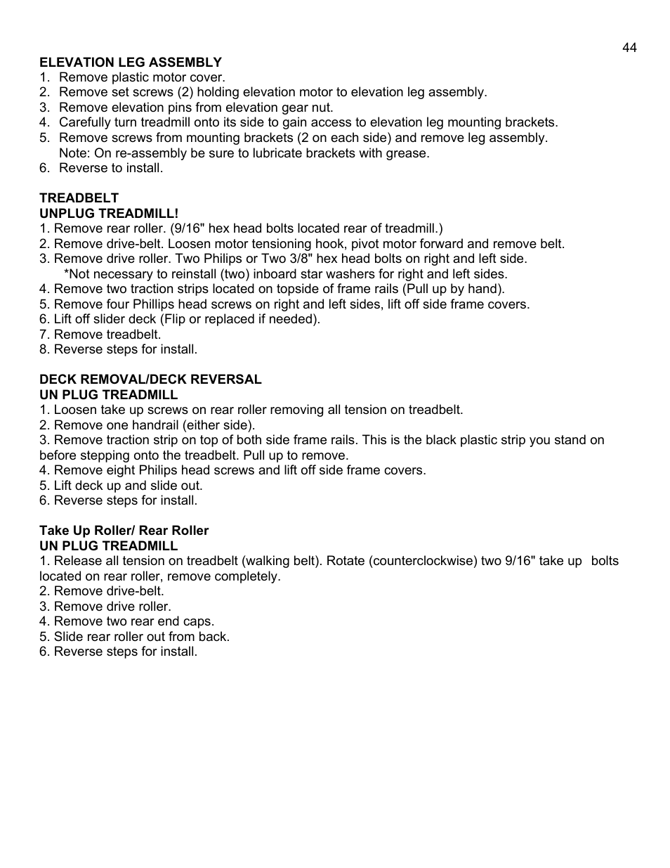 Elevation leg assembly, Treadbelt, Unplug treadmill | Un plug treadmill | Landice 8700 User Manual | Page 44 / 85