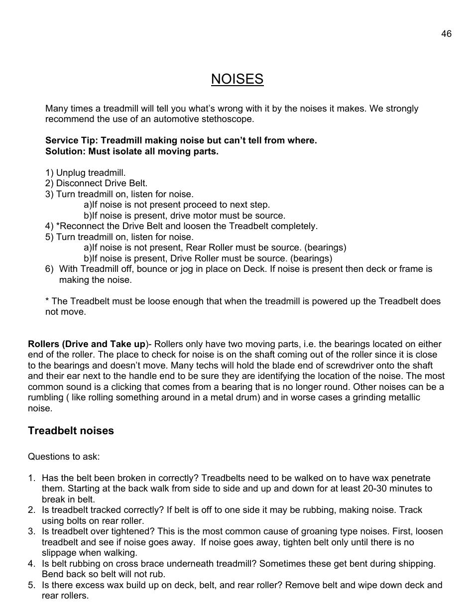 Treadbelt noises, Noises | Landice 8700 User Manual | Page 46 / 85