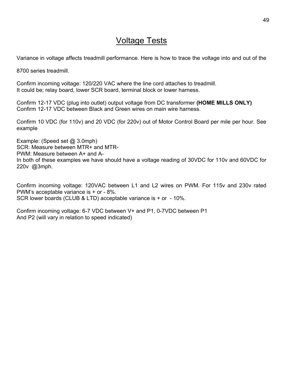 Voltage tests | Landice 8700 User Manual | Page 49 / 85