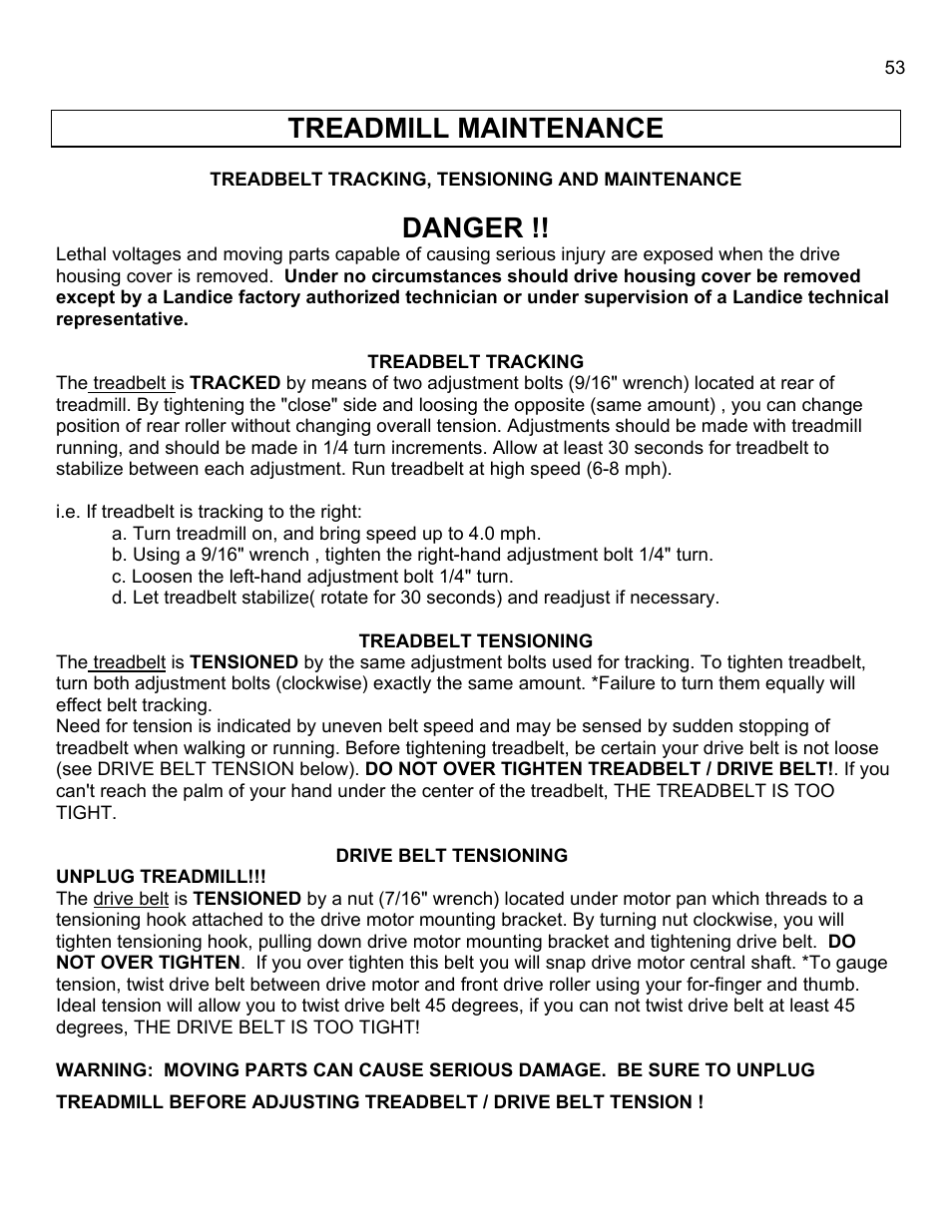 Treadmill maintenance, Danger | Landice 8700 User Manual | Page 53 / 85