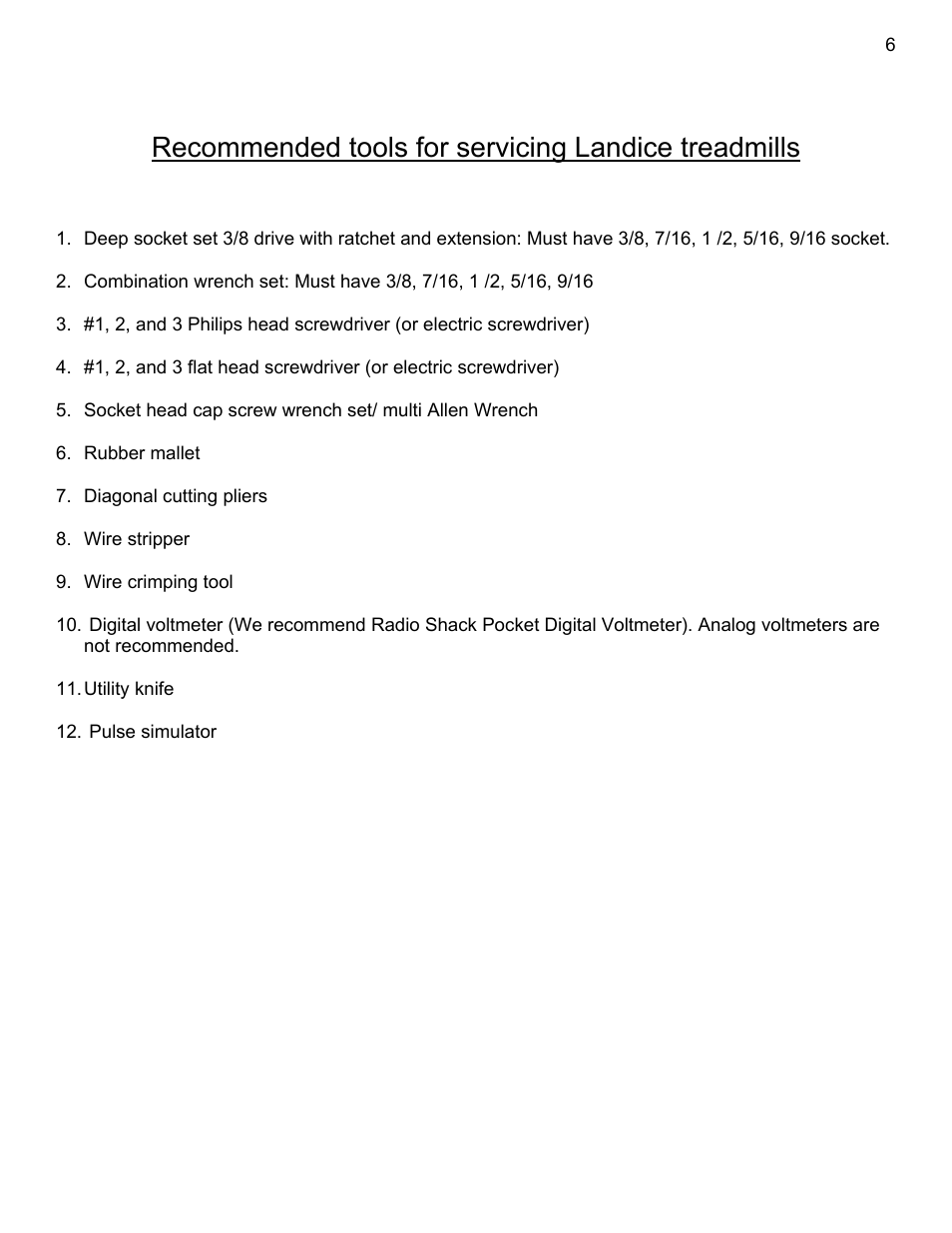 Recommended tools for servicing landice treadmills | Landice 8700 User Manual | Page 6 / 85