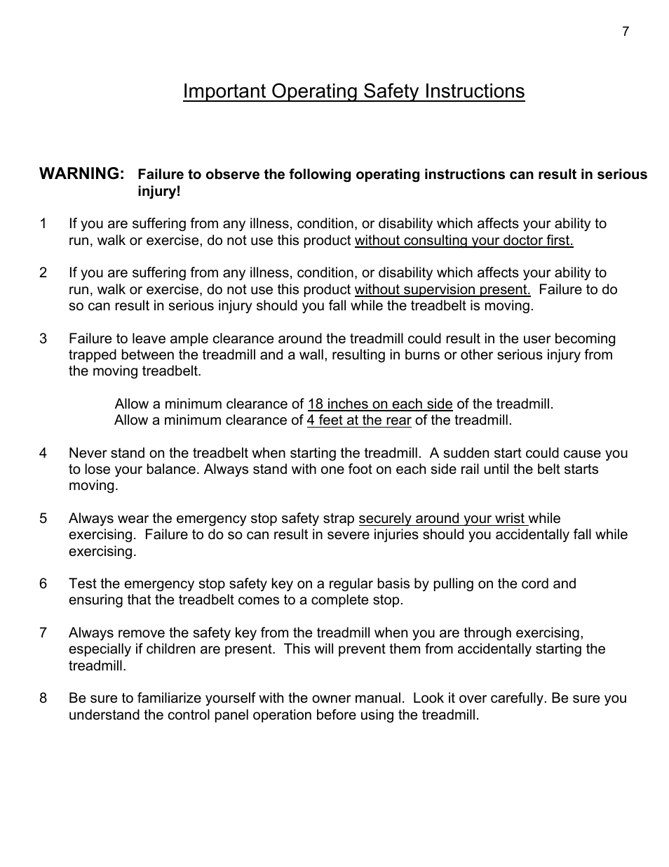 Important operating safety instructions | Landice 8700 User Manual | Page 7 / 85