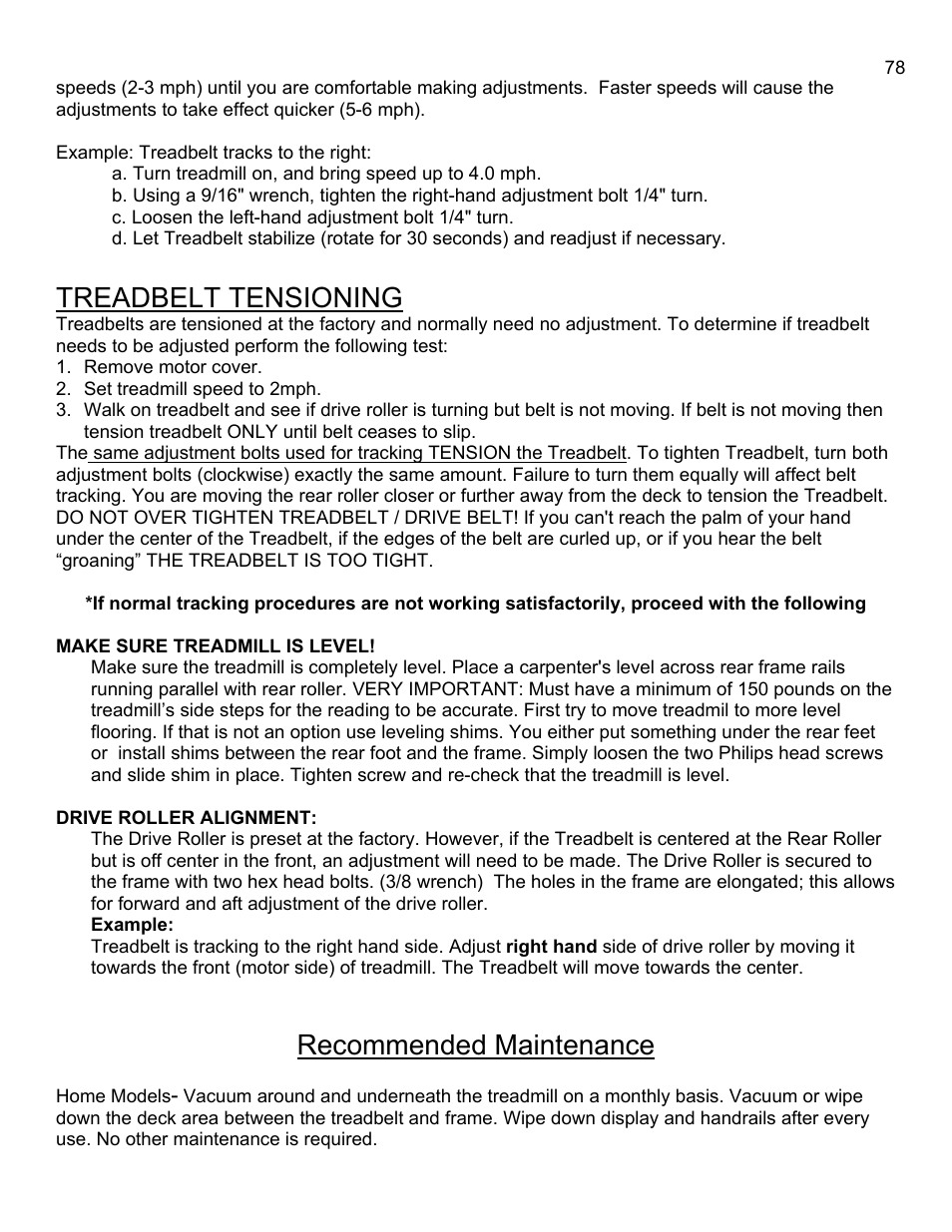 Treadbelt tensioning, Recommended maintenance | Landice 8700 User Manual | Page 78 / 85