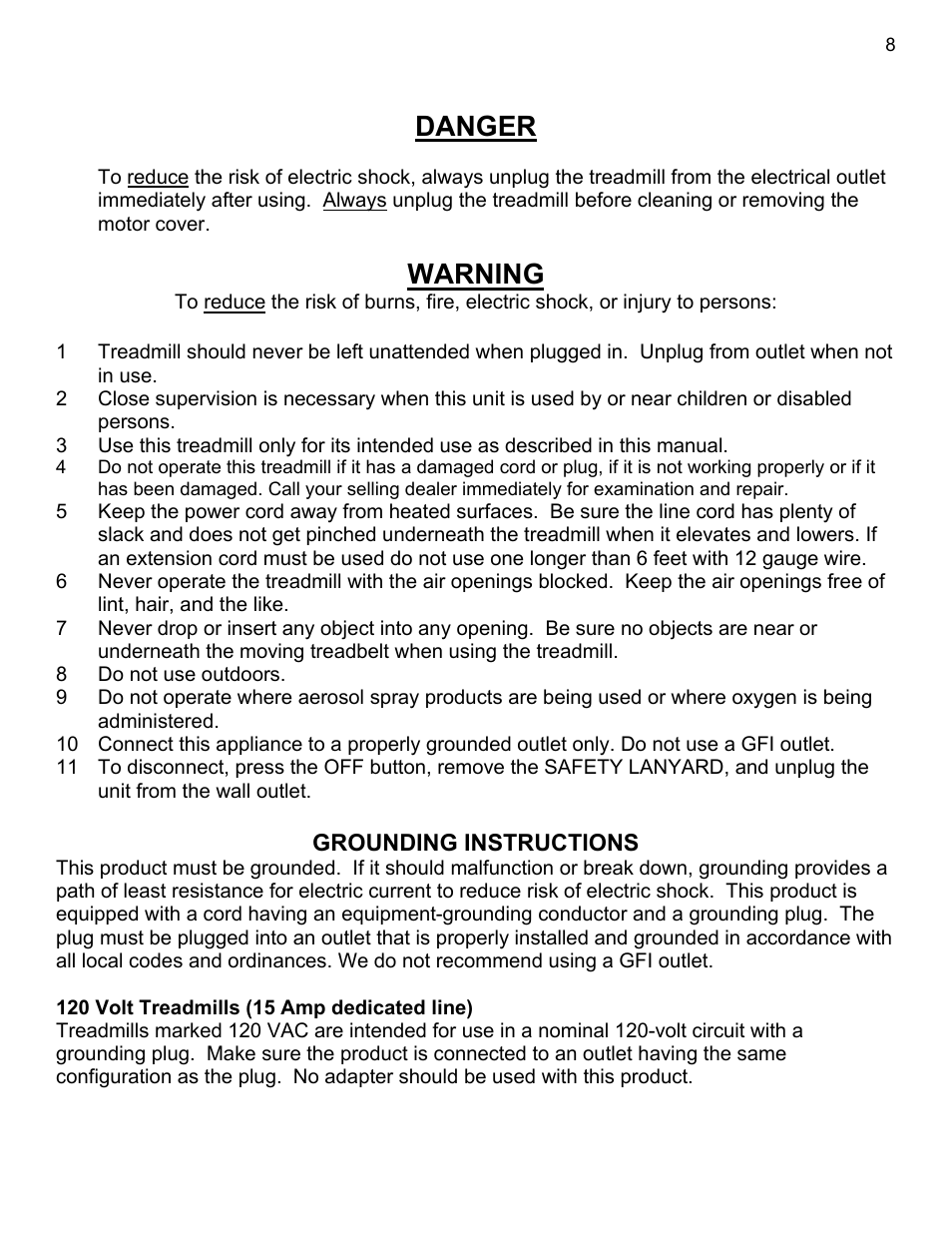 Danger, Warning | Landice 8700 User Manual | Page 8 / 85