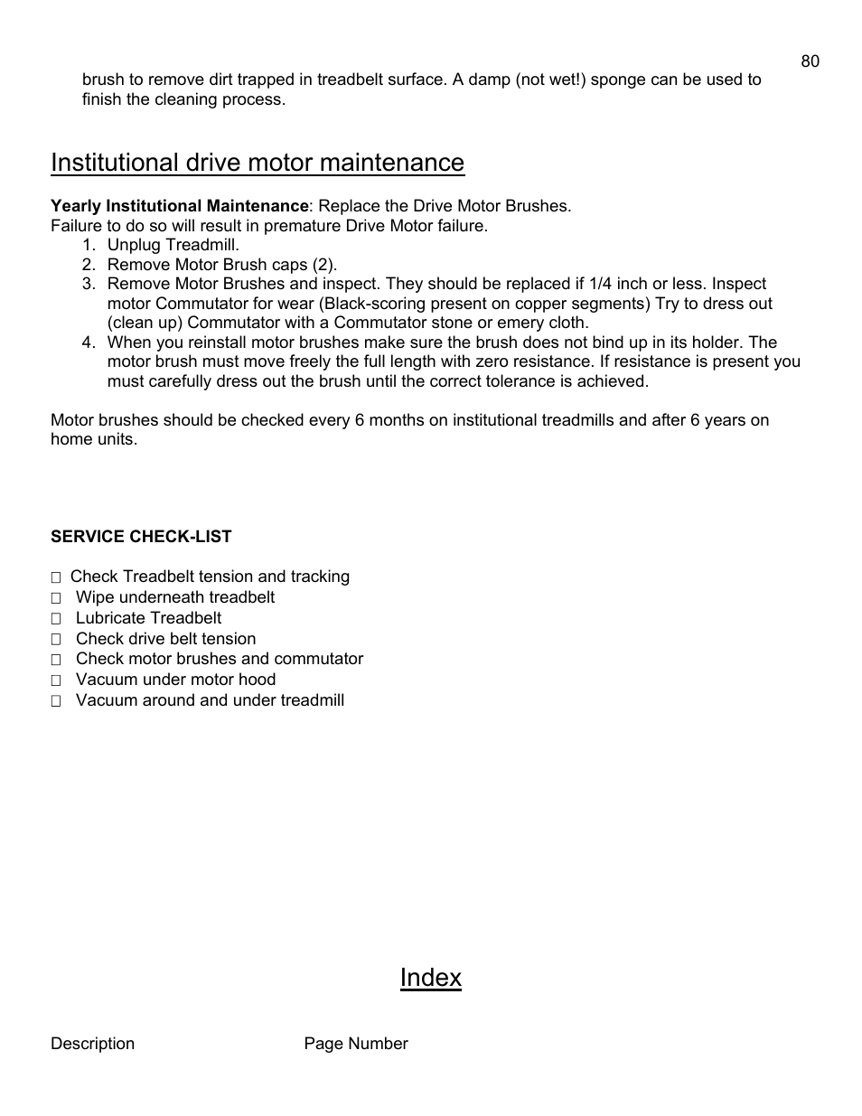 Service check-list, Institutional drive motor maintenance, Index | Landice 8700 User Manual | Page 80 / 85
