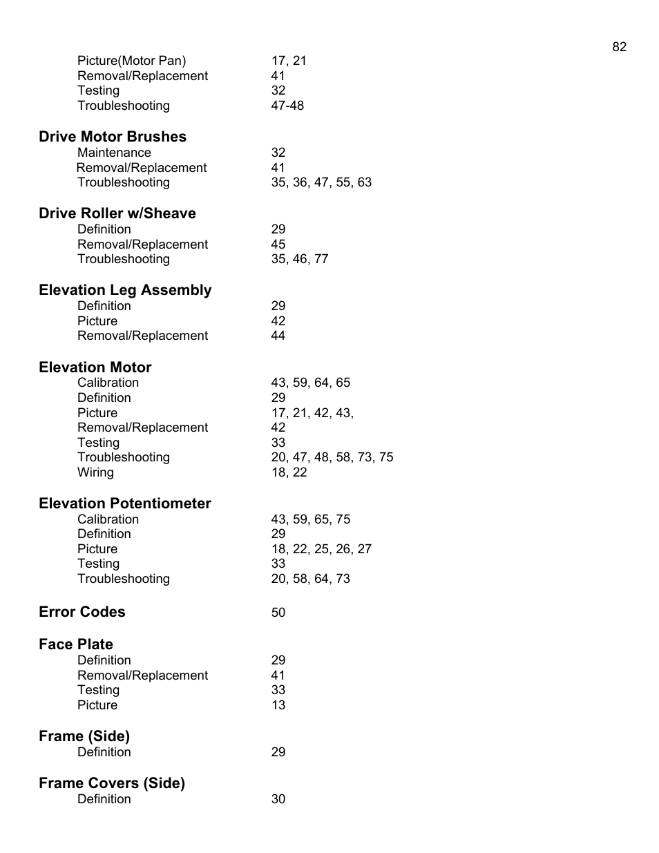 Drive motor brushes, Drive roller w/sheave, Elevation leg assembly | Elevation motor, Elevation potentiometer | Landice 8700 User Manual | Page 82 / 85
