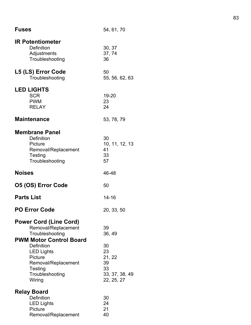 Fuses54, 61, 70, Ir potentiometer, Relay board | Landice 8700 User Manual | Page 83 / 85