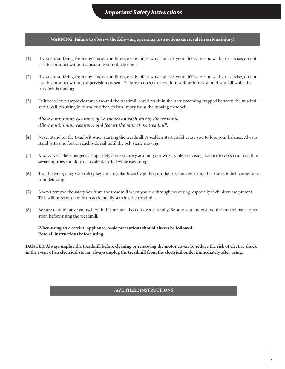 Important safety instructions | Landice Finest Treadmills User Manual | Page 3 / 19