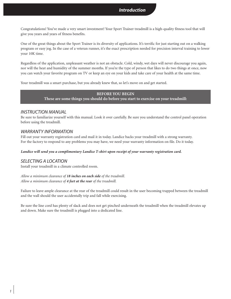 Introduction, Instruction manual, Warranty information | Selecting a location | Landice Finest Treadmills User Manual | Page 6 / 19