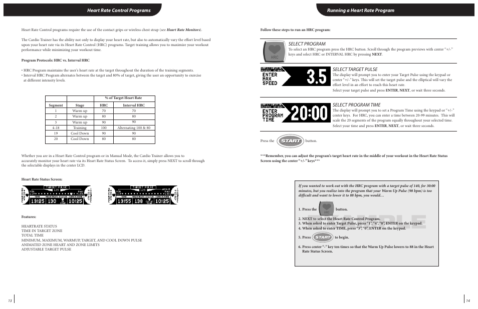 Example, Running a heart rate program, Select program | Select target pulse, Select program time, Heart rate control programs | Landice 82020 User Manual | Page 10 / 17