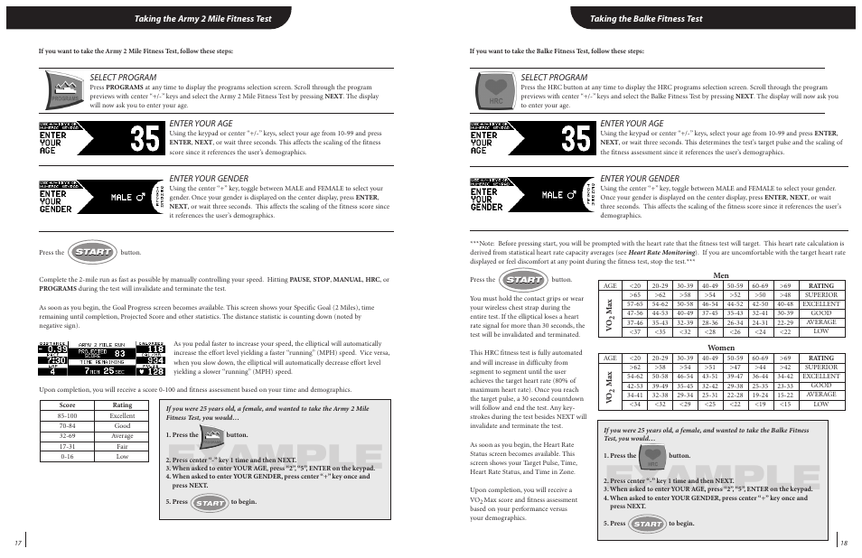 Example, Taking the balke fitness test, Taking the army 2 mile fitness test | Select program, Enter your age, Enter your gender | Landice 82020 User Manual | Page 12 / 17