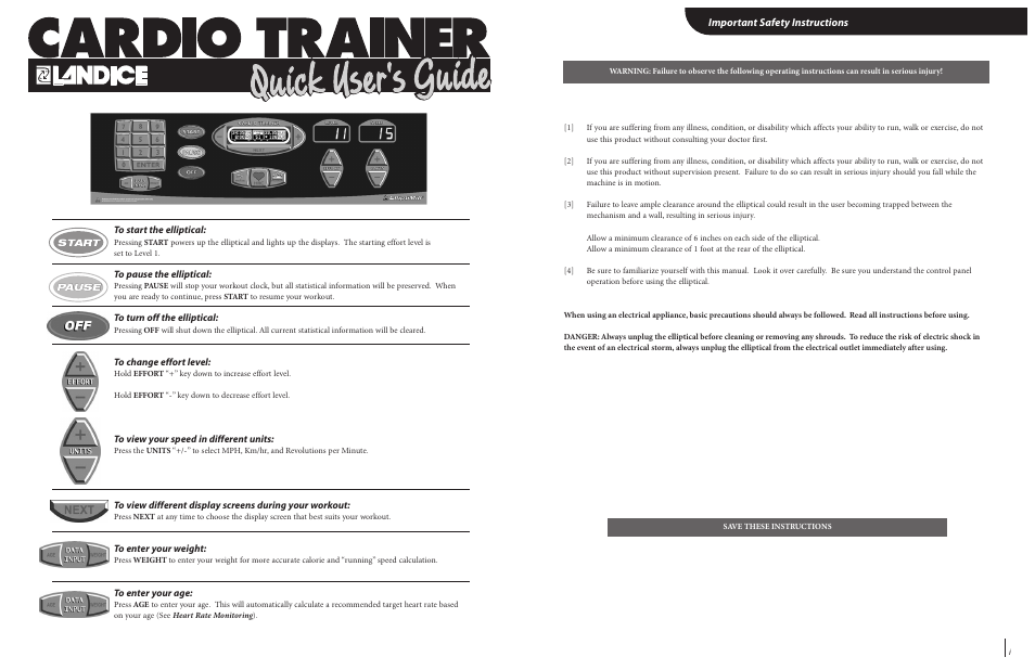 Important safety instructions | Landice 82020 User Manual | Page 2 / 17