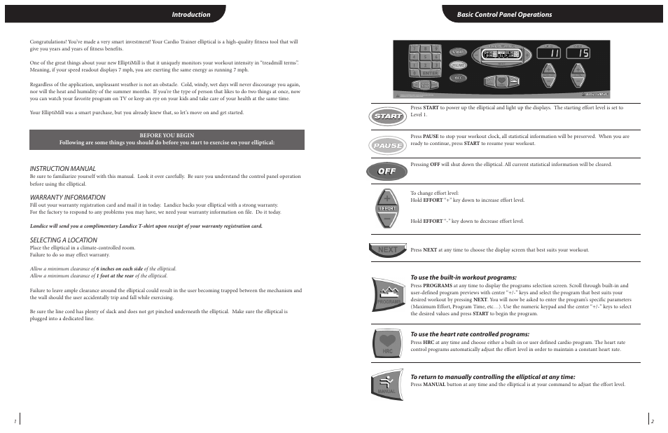 Basic control panel operations, Introduction, Instruction manual | Warranty information, Selecting a location | Landice 82020 User Manual | Page 4 / 17